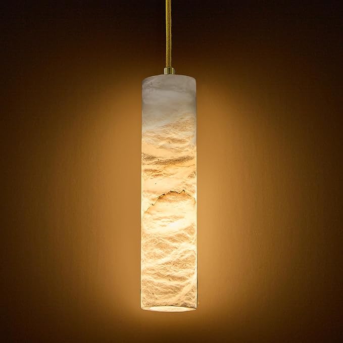 Natural Alabaster Pendant Light Fixture, Modern Marble Kitchen Island Lamp, 9.8" x 2.4" Long Tube Alabaster Chandelier, Small Pendant Light for Bedroom, Dining Room, Living Room (E12 Bulb - 1 Pack)