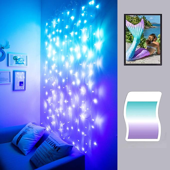 Curtain Lights for Bedroom Wall Light Up Curtains Led String Lights Turquoise Teal Blue Lavender Lilac Purple Twinkle Hanging Fairy Lights Unicorn Mermaid Kawaii Sanrio Teen Room Decor for Girls
