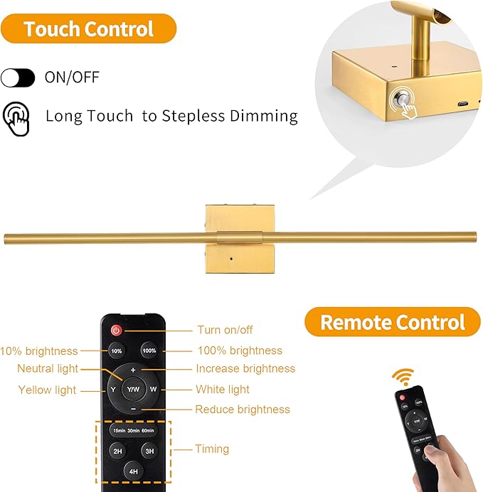 Morauroral 40″ Gold Battery Operated Wall Sconces Set of Two, Dimmable Wall Sconces with Remote Control, Rechargeable Sconces Wall Lighting, LED Wireless Wall Lights for Bedroom, Living Room, Bathroom