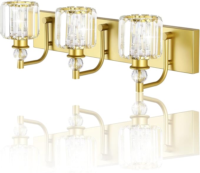 Ralbay Crystal Vanity Light 3 Light Gold Crystal Bathroom Vanity Lights Fixtures Over Mirror Modern Gold Vanity Light
