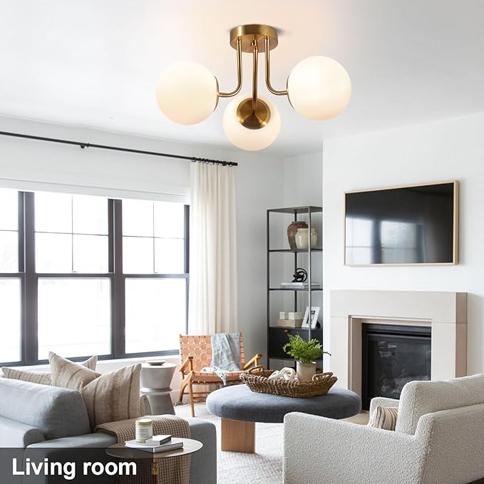 Bektas 3-Lights Semi Flush Mount Ceiling Light Fixture Brushed Gold Light Fixture Bend Modeling with Milk Glass Globe for Bedroom,Living Room,Dinning Room Foyer Hallway