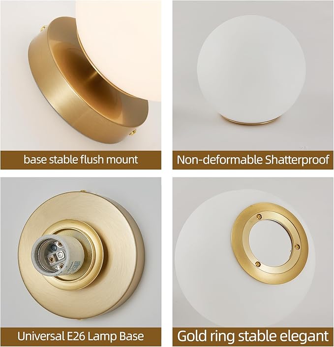 6" Modern Globe Wall Sconces, Mid Century Gold Aged Brass Wall Mounted Lamp with Globe Shade, Indoor Wall Light Fixture Ceiling Light for Bedroom Living Room Hallway Stairway.