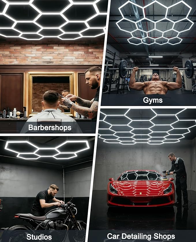 Hexagon Garage Lights: Hexagon led Gym Lights 26520LM DIY Car Detailing Ceiling LED Shop Light for Basement Warehouse Workshop Barbershop Car Care Wash Room Auto Beauty Exhibition Hall 5 Grids 6500K