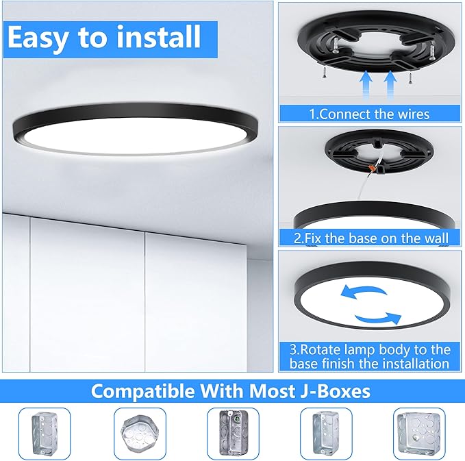 Flush Mount Ceiling Light Fixtures,12inch Flat led Light for Ceiling,6500K 3200LM Ultra Thin Round Black Lamp for Bedroom Kitchen,Bathroom,Garage,Living Room, Dining Room - 4PCS