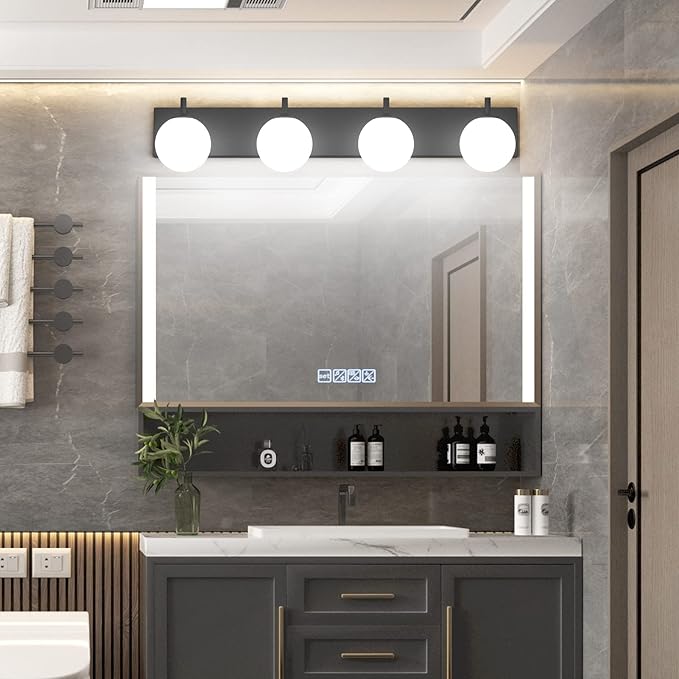 Aipsun Bathroom Light Fixtures, 4 Lights Matte Black Vanity Light, Modern Wall Sconces Lighting, Modern Bath Wall Mounted Lights with Milky Glass Globe(Exclude Bulb)