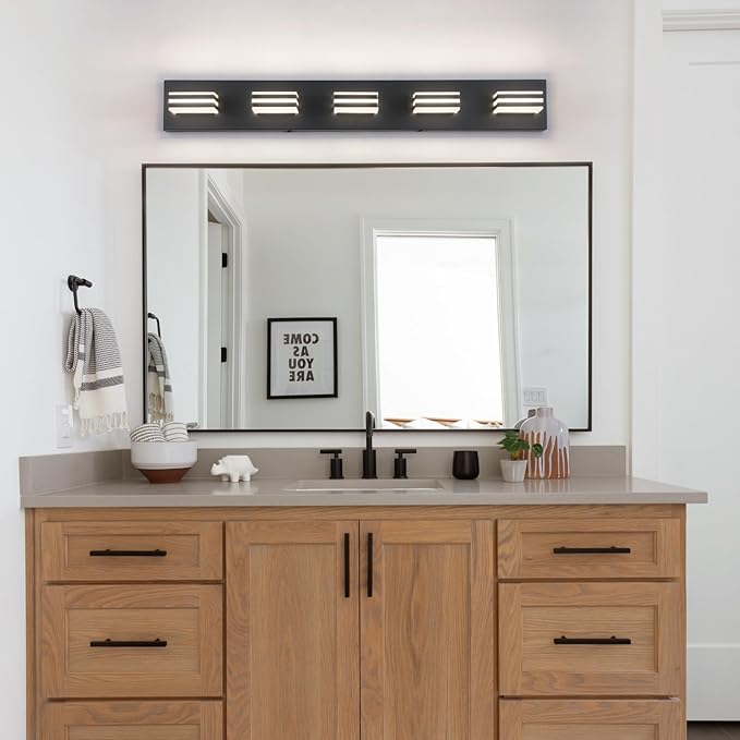 LED Wall Black Vanity Lights for Bathroom Light Fixtures 30W Adjust 3 Colors Modern Bath Lighing Over Mirror Acrylic Heads LED Vanity Light (5-Light,34inch)