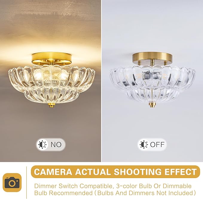 3-Lights Mid Century Modern Vintage Semi Flush Mount Ceiling Light Fixture,Gold Surface Treatment,Clear Flower Glass,for Hallway Bedroom Bathroom Foyer Closet Entryway Laundry Room(11.81 in)