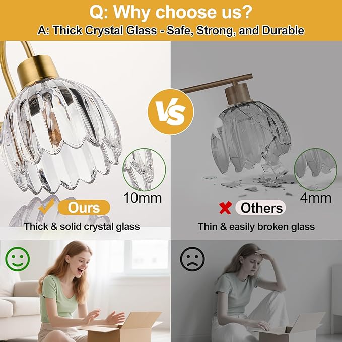 3-Light Bathroom Light Fixtures, 20" Brushed Gold Vanity Lights for Bathroom with Ribbed Clear Tulip Glass Shade, Vintage Wall Vanity Lighting Fixtures Over Mirror for Bathroom Living Room Hallway