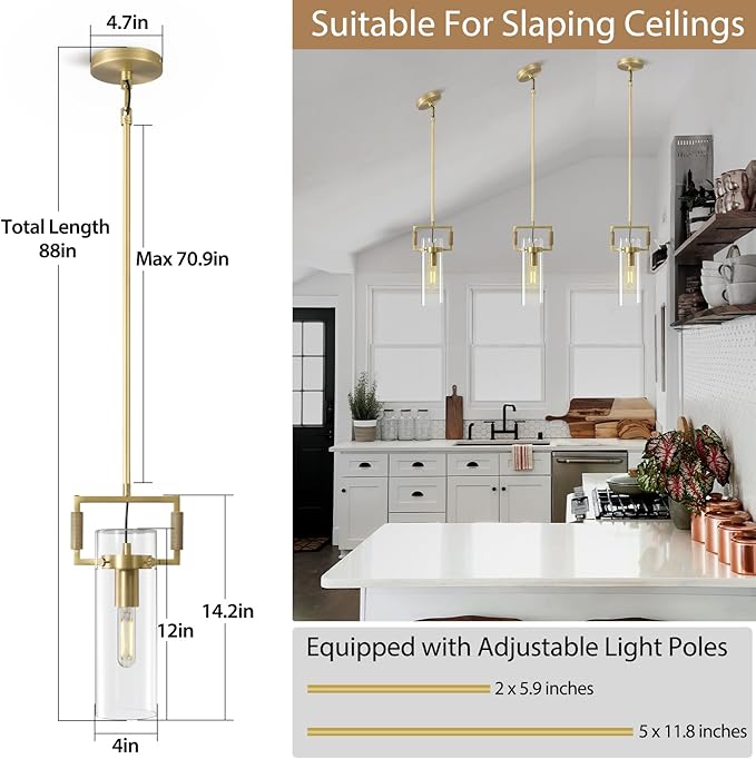 Brass Pendant Lights Kitchen Island, Modern Gold Pendant Lights,12Inch Glass Knurled Kitchen Pendant Lighting Over Island,Farmhouse Island Lights For Kitchen Sink,Bathroom,Bedroom,Included E26 Bulbs