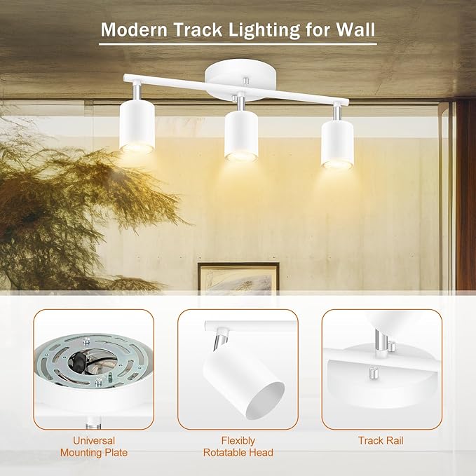 White Track Lighting, 3 Light Track Lighting Kit, White 3 Way Modern Ceiling Spotlight, Flexibly Rotatable Light Head, Industrial LED Track Light Kit for Kitchen Cabinet Gallery Bar Living Room