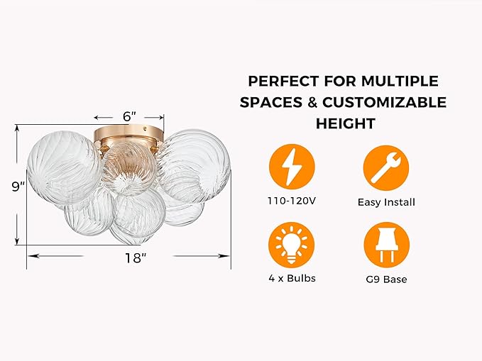 AGV LIGHTING Modern Bubble Glass Flush Mount Ceiling Light Fixture, Gold 4-Light Ceiling Chandelier with Clear Textured Glass Globe Shades, 18” Living Room Bedroom Dining Room Lighting