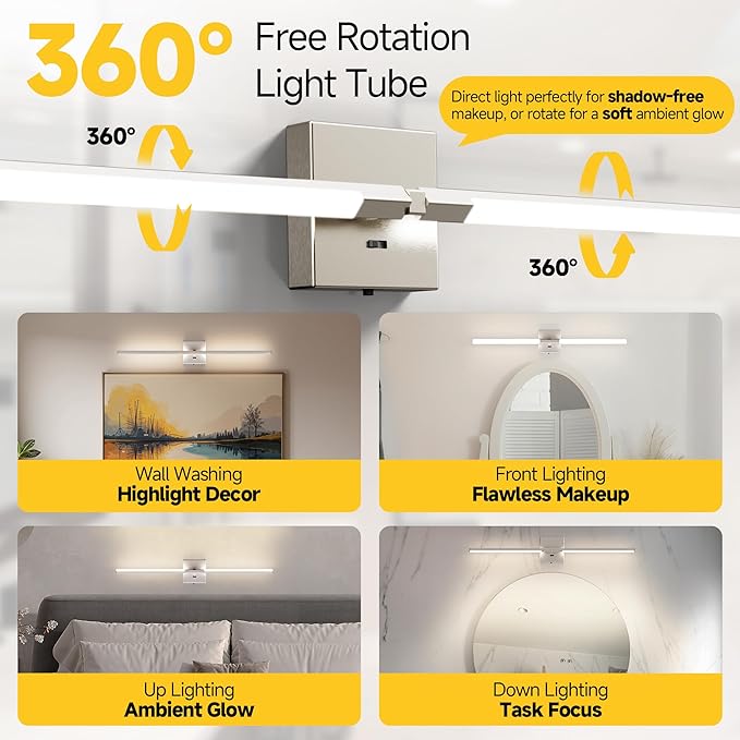 32 Inch Brushed Nickel Bathroom Vanity Light, Built-in Dimmer 2700K-6000K 1450LM LED, 360° Rotatable Bathroom Lights Over Mirror for Makeup, Shaving, Restroom, Powder Room ETL FCC