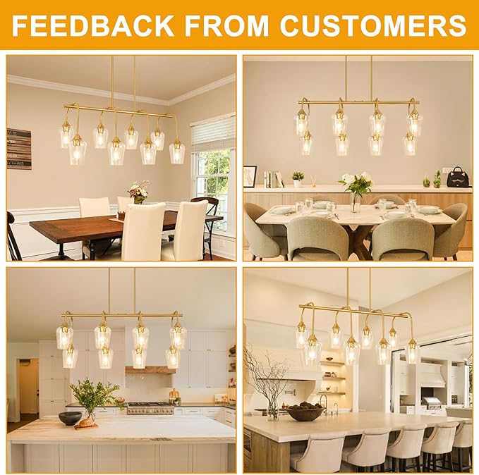 38" Dining Room Light Fixture/Chandelier Over Table, 8-Light Brushed Gold Kitchen Island Lighting with Clear Glass Shade, Modern Hanging Pendant Lights Fixture for Kitchen Island, Dining Room, Bar