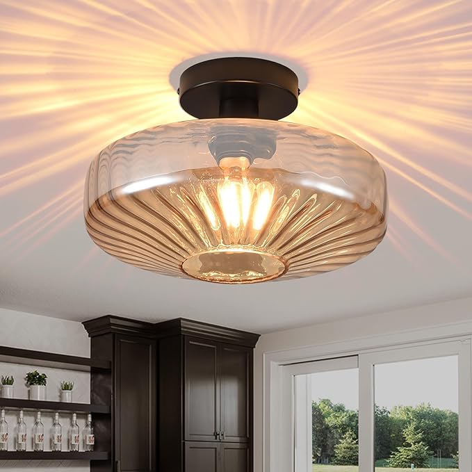 Semi Flush Mount Ceiling Light,11.8 inch Vintage Warm Amber Glass Ceiling Light Fixture,Living Room Lighting Fixtures Ceiling for Hallway Porch Bedroom Bathroom Dining room,E26 Base(Bulb Not Included)