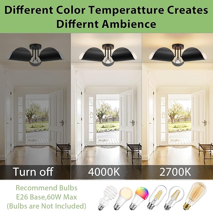 Aipsun Black Semi Flush Mount Ceiling Light, 3 Lights Modern Retro Ceiling Lighting with Black Adjustable Shades for Hallway, Dining Room and Bedroom