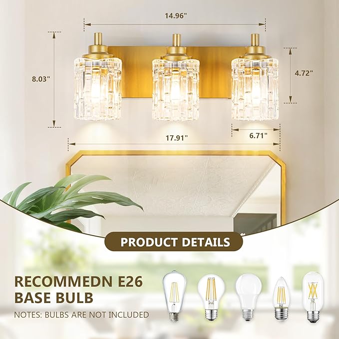 Bathroom Light Fixtures, 3-Light Brushed Gold Vanity Light Over Mirror with Crystal Glass Shades, Bathroom Wall Lights for Mirror Kitchen Bedroom Hallway Living Room