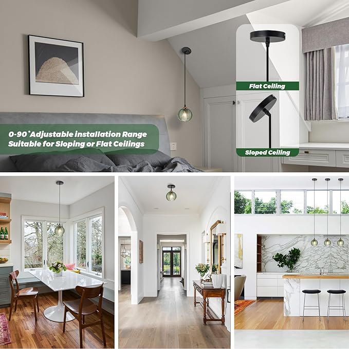 Globe Pendant Light 2 Pack Island Pendant Lights for Kitchen Hand Blown 1-Light Small Glass Pendant Light with Green Ribbed Shade mid Century Pendant lamp for Dining Room Bedroom