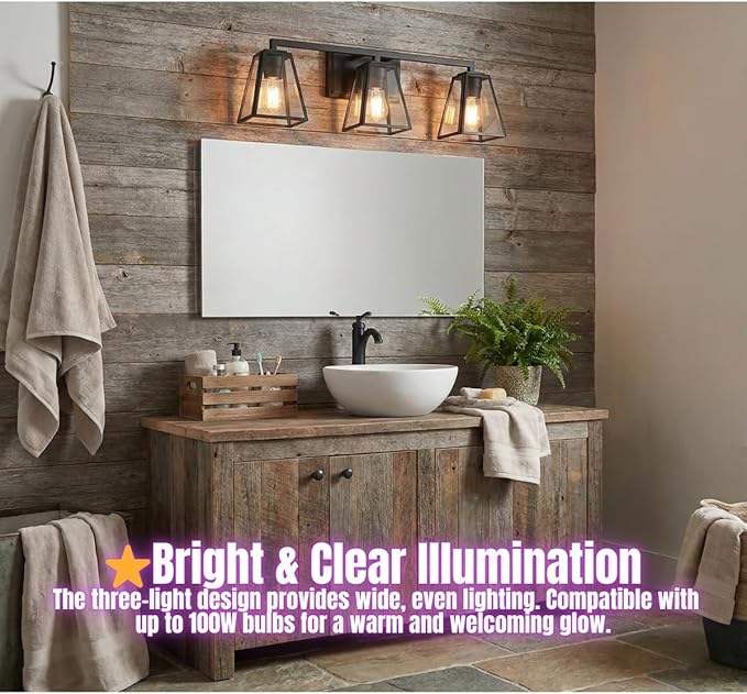 LYTIO Bathroom Light Fixture 24 Inch 3 Light Bath Vanity Light with Clear Glass Shades Wall Lamp for Mirror Living Room Hallway Cabinet 100W