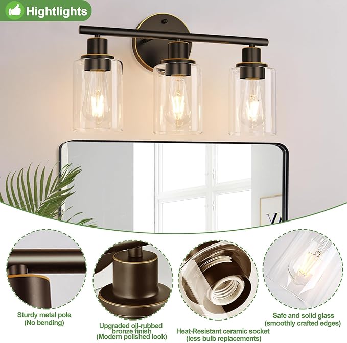 Zarbitta 3-Light Bathroom Light Fixtures, Brown and Gold Bathroom Wall Lights, Modern Vanity Light with Clear Glass Shade, Bathroom Wall Lamp for Mirror Hallway Cabinet