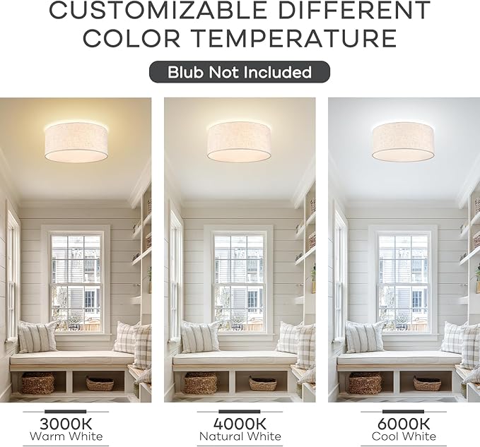13 Inch Flush Mount Ceiling Light, 3-Light Modern Fabric Linen Drum Shade for Kitchen, Bedroom, Dining Room, Hallway and Entryway