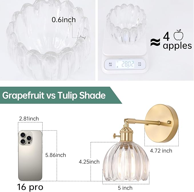 Shenmoyl Vintage Wall Sconces with Transparent Tulip Glass Lampshade 180 Degree Adjustable Brass Sconces Hradwired Modern Wall Lighting Fixture with Switch for Bedside Bedroom Doorway