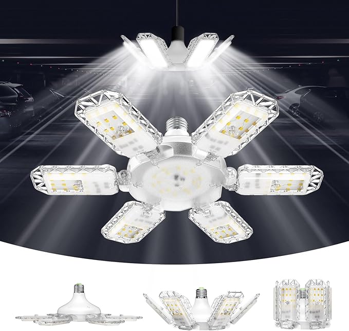 SANSI Garage Lights, 600W Equiv.Garage Lighting Ceiling LED，60W Super Bright Shop Light for Workshop, E26 5000K Daylight Screw in Bulbs with 6+1 Adjustable Panels, ETL Certified for Storage Room