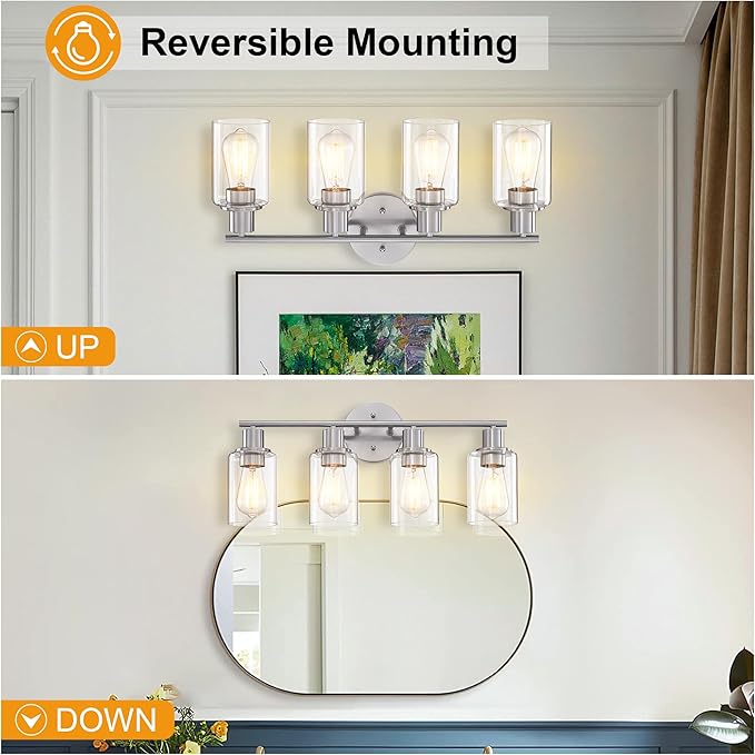 Pia Ricco Bathroom Vanity Light Fixtures, 4-Light Bathroom Wall Lights with Clear Glass Shades, Modern Wall Sconce Over Mirror, Bath Wall Sconces for Mirror Living Room Bedroom Hallway