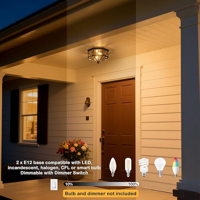 Flush Mount Ceiling Light Fixture, 2-Light Copper Outdoor Ceiling Lights, Octagonal Flush Mount Light with Clear Glass, Black Close to Ceiling Light for Hallway Bedroom Porch Balcony