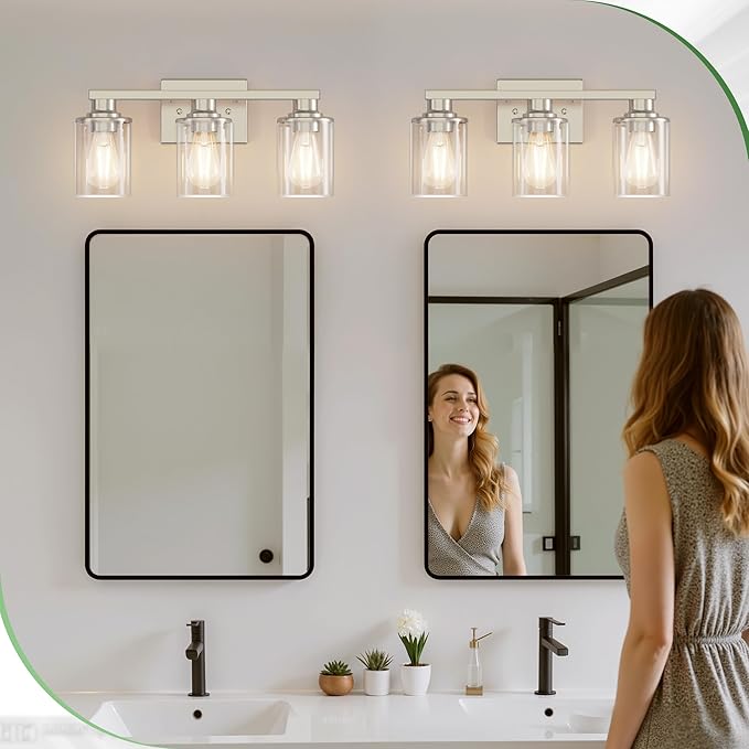 DORESshop 17 Inch Bathroom Light Fixtures, 3-Light Nickel Bathroom Lighting Fixtures Over Mirror with Clear Glass Shade, Vanity Lights for Living Room Bedroom