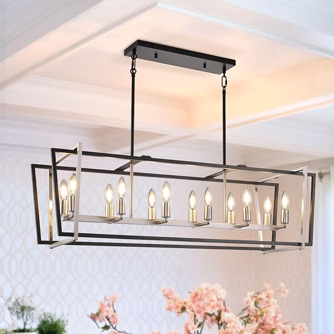 Farmhouse Dining Room Light Fixture/Chandelier Over Table, 12-Light Kitchen Island Lighting, Rectangle Pendant Lights Kitchen Island, Black and Sliver Hanging Chandeliers for Dining Room