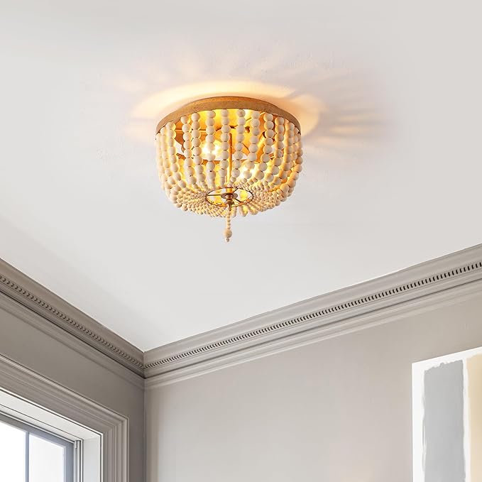 JONATHAN Y 10" Antique Gold/Cream Allison 2-Light LED Flush Mount Ceiling Light for Bedroom, Wood Beaded Shade Shabby Chic Farmhouse Rustic Decor, LED Bulbs Included JYL9074A