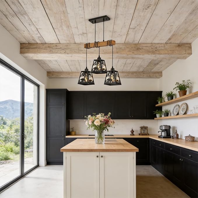 3-Lights Farmhouse Dining Room Pendant Light Fixtures, Rustic Solid Wood Kitchen Island Lighting Hanging with Bear Metal Shades for Restaurant, Kitchen Island, Hallway