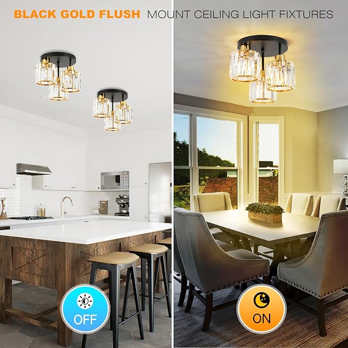 Semi Flush Mount Ceiling Light 3-Light Black Flush Mount Ceiling Light Fixture with K9 Crystal Shades, Industrial Kitchen Ceiling Light for Hallway Entryway Bedroom, E26 Socket