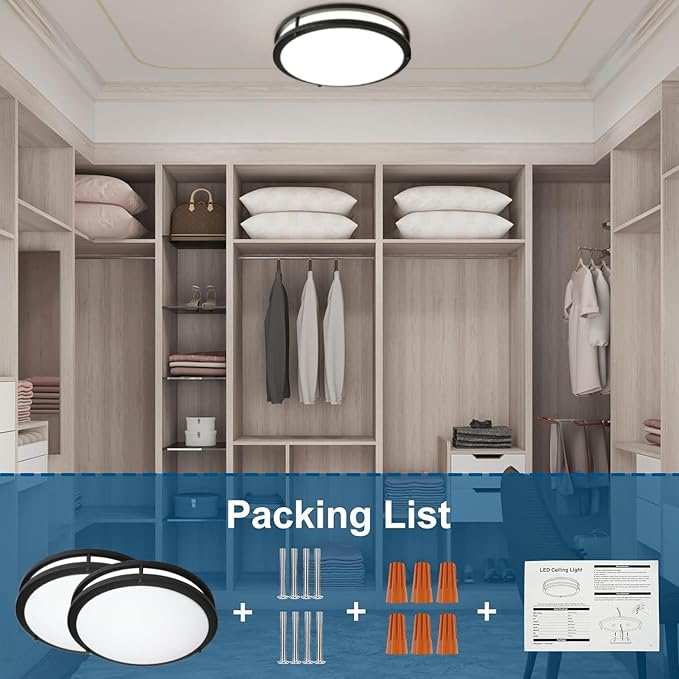 OOWOLF 2-Pack 36W 13inch LED Flush Mount Ceiling Light Fixture Dimmable Matte Black, Easy Install LED Ceiling Lamp Fixture Without Flicker, Super Bright 3600LM 5CCT Warm to White Light 3000K to 6000K