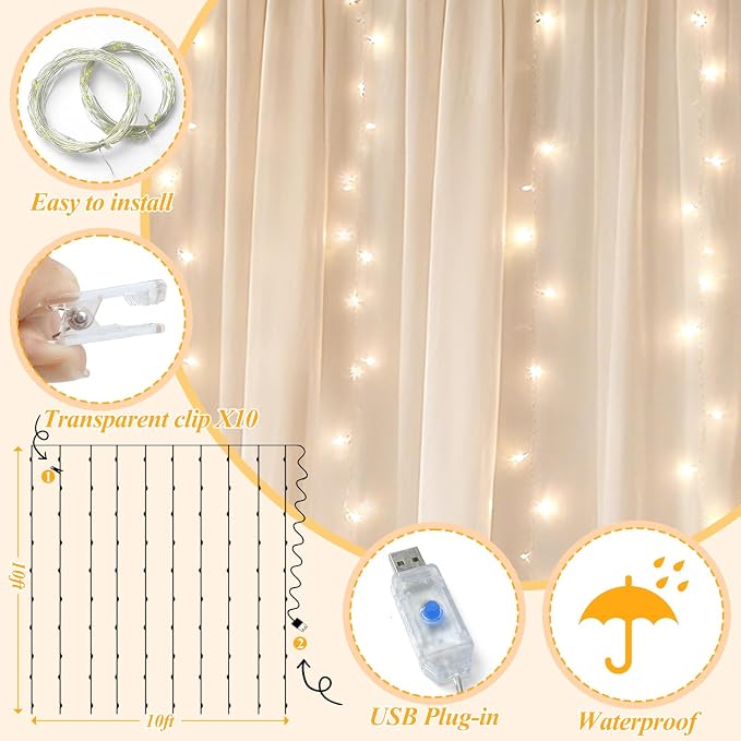 Ledido 4 Pack 10×8ft Beige Tulle Backdrop Curtains with Lights String - 1200LED Fairy Lights Sheer Curtain Backdrop for Wedding Baby Shower Photo Shoot Birthday Party Decoration(8 Panels 5×8ft)，Beige