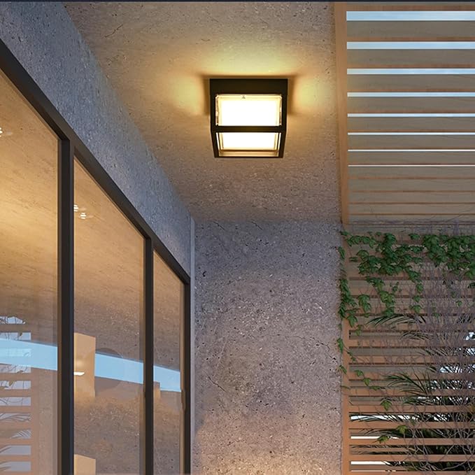 Outdoor Ceiling Porch Light LED Flush Mount for Wall or Ceiling, Square Exterior Wall Lamp for Front Porch,Garage, Hallway, Patio, 3000K, 15W, 6.3inch(Black)
