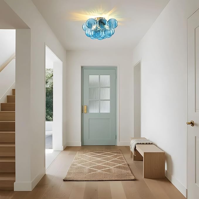 GoYeel Flush Mount Chandelier Gold, Kitchen Lights Ceiling Modern Glass Bubble Light Chandeliers 18.5" with 13 Swirled Blue Globe for Dining Room Bathroom Entryway Bedroom
