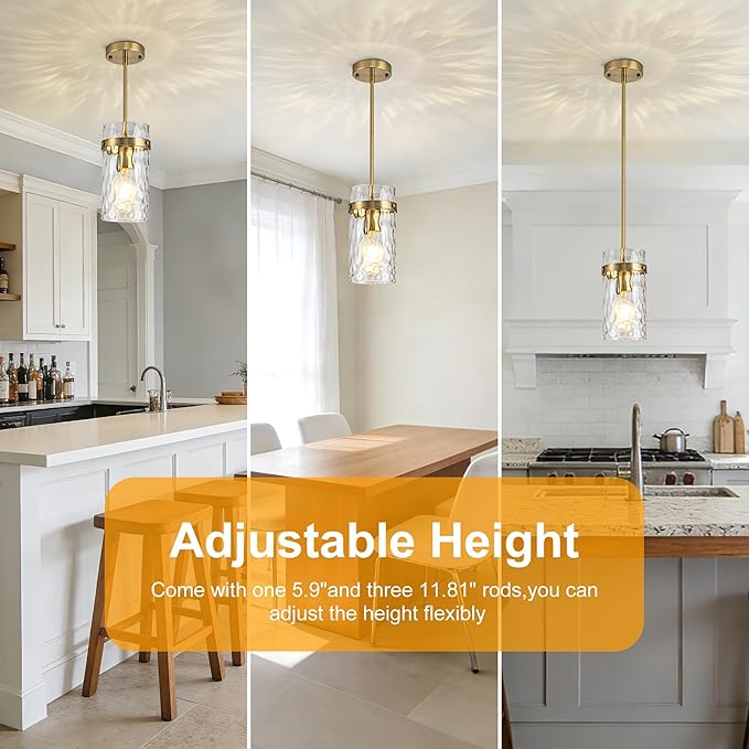 2 Pack Brushed Gold Pendant Lights Kitchen Island, Hammered Glass Pendant Lighting Over Island, Kitchen Hanging Light Fixtures Pendant Light Over Sink for Kitchen Entryway Foyer Dining Room
