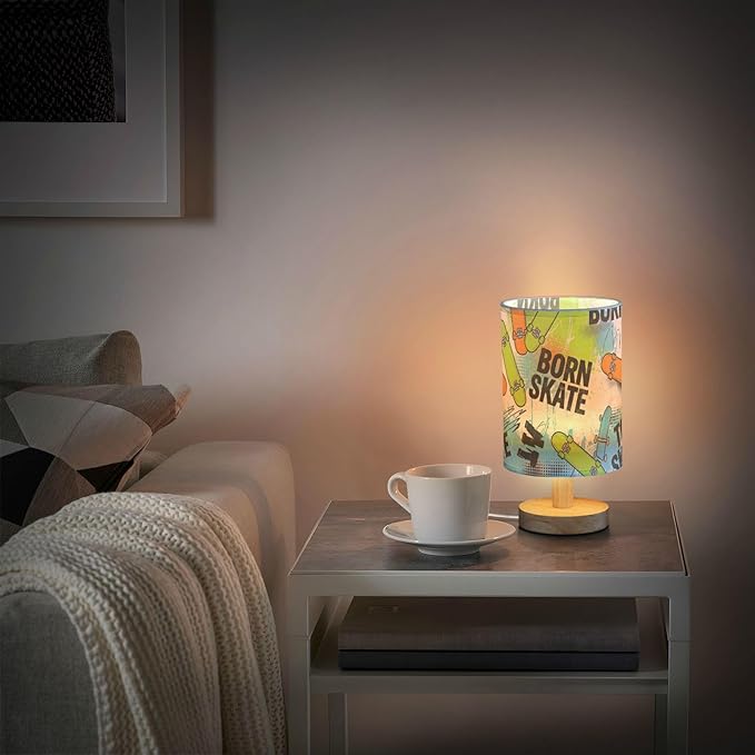 Aslsiy Grunge Skateboarding Bedside Table Lamp White Nightstand Lamp Night Light Fabric Shade for Bedroom Living Room Home Office