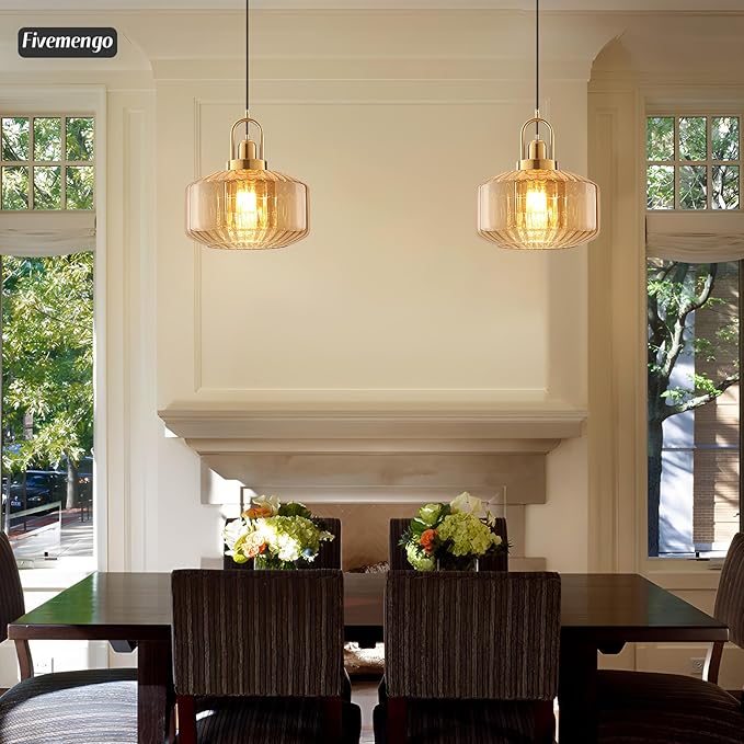 11.8in Mid Century Modern Amber Glass Pendant Light Fixture, Large Gold Kitchen Island Pendants Light Glass Ceiling Hanging Lamp for Foyer Dining Room Bedroom Entryway Hallway Over Sink