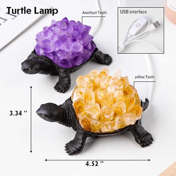 Runyangshi Natural Amethyst Tooth Turtle Night Lamp Healing Crystal Bedroom Bedside Table Lamp USB Port Home Decor Women Men Gift