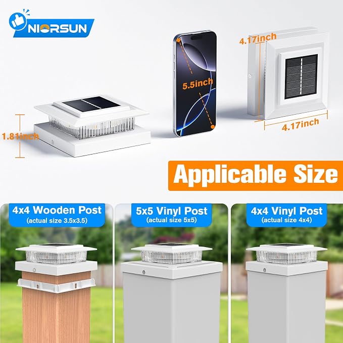 NIORSUN Solar Post Cap Lights Outdoor Waterproof, 4x4 Post Solar Lights RGB Color Changing, Fence Posts Solars Light for Deck Patio Garden Deco, 4x4 Posts Caps Wood Vinyl, 5x5 Vinyl, 16 Pack (White)