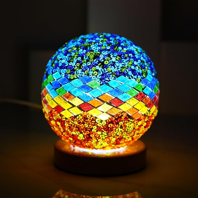 Turkish Table lamp (D:4.7" x H:5.2"),Mosaic Glass Lamps with Wooden Base, Bohemian Tiffany Bedside Lamps, USB Power Moroccan Lantern for Living Room Decorations (Mediterranean - Blue, Mediterranean)
