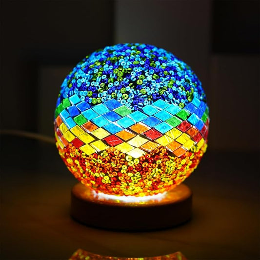 Turkish Table lamp (D:4.7" x H:5.2"),Mosaic Glass Lamps with Wooden Base, Bohemian Tiffany Bedside Lamps, USB Power Moroccan Lantern for Living Room Decorations (Mediterranean - Blue, Mediterranean)
