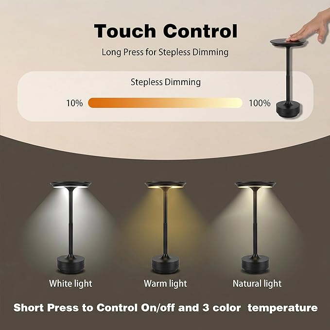 Rechargeable Cordless Table Lamp Set of 2, Portable Battery Operated LED Table Light, 3 Color Stepless Dimming with Touch Sensor for Outdoor Restaurant Dining Room Bedroom Living Room,Black