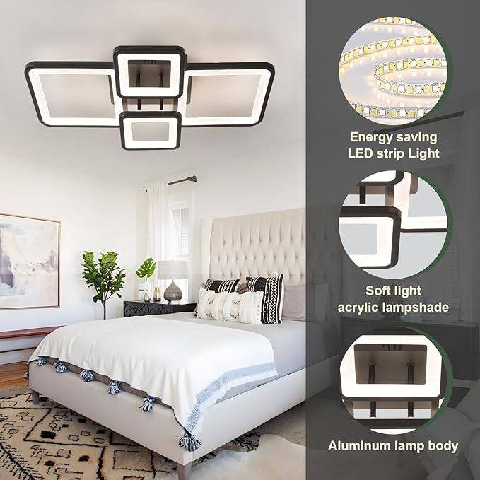 Modern Ceiling Lights 24" 42W, Dimmable Kitchen Lighting Fixtures Ceiling, 3000-6500K Light Fixture Ceiling Mount with Remote Control, Black Square LED Ceiling Light for Bedroom