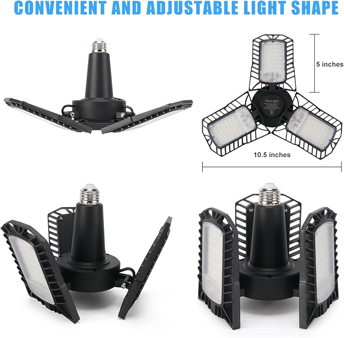 UL Certified LED Garage Lights Ceiling Lights, 6500 Lumens, E26/E27 Adjustable Ceiling LED Lights, 60W, Ultra Bright 5000K Natural Daylight White, Deformable Trilights, Adjustable Panel