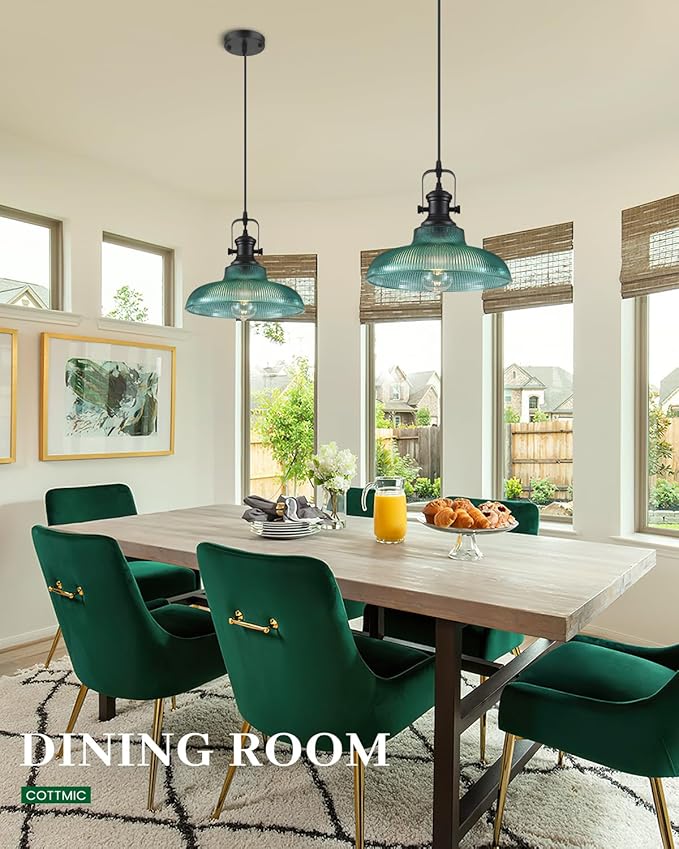 Green Glass Pendant Lights Kitchen Island, 12in, Ribbed Glass Kitchen Pendant Lights Fixture, Farmhouse Pendant Lighting for Dining Room Bedroom Bar Sink, 2 Pack