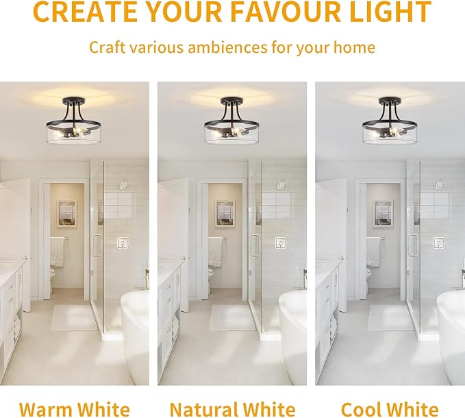 11.81" Black Semi Flush Mount Ceiling Light Modern Glass Light Fixture Industrial Hallway Lights 3-Light Close to Ceiling Light Fixtures for Entryway Bedroom Kitchen Dining Room Laundry Room Lighting