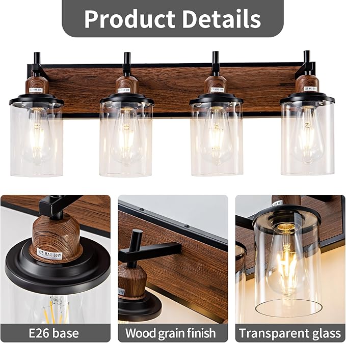 Lanhall 4-Light Farmhouse Bathroom Light Fixtures Vintage Bathroom Vanity Lights Over Mirror Black and Wood Painted Metal Vanity Light for Bathroom with Glass Shades E26 Socket